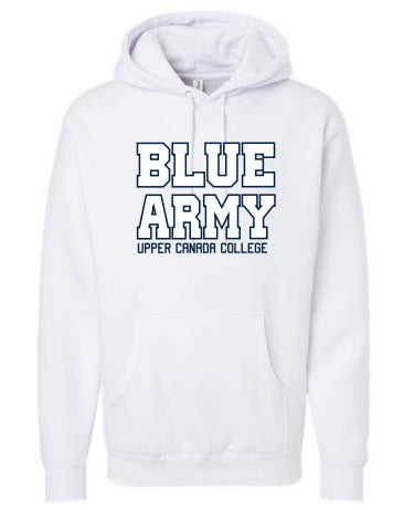 BBC - White Hoodie Sweatshirt with white satin solid with Navy blue outline appliqué