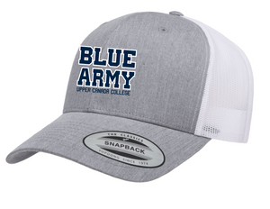 BBC - Grey Trucker Hat with White Mesh and Roll Blues in Navy Blue (snap back)
