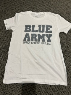 White Cotton T-Shirt with Blue Army in Grey Block Letters